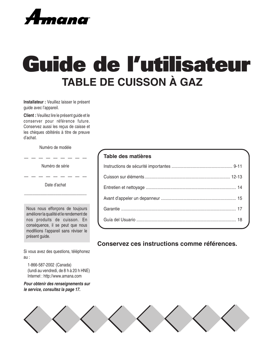 Guide de l’utilisateur, Table de cuisson à gaz | Amana 8111P446-60 User Manual | Page 9 / 28