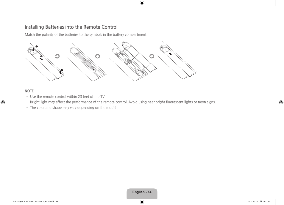 Installing batteries into the remote control | Samsung UN110S9VFXZA User Manual | Page 14 / 41