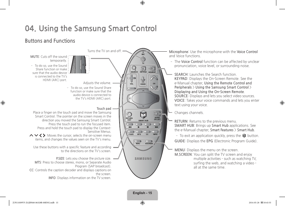 Using the samsung smart control, Buttons and functions | Samsung UN110S9VFXZA User Manual | Page 15 / 41