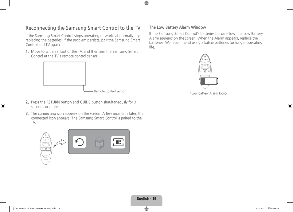 Reconnecting the samsung smart control to the tv | Samsung UN110S9VFXZA User Manual | Page 19 / 41