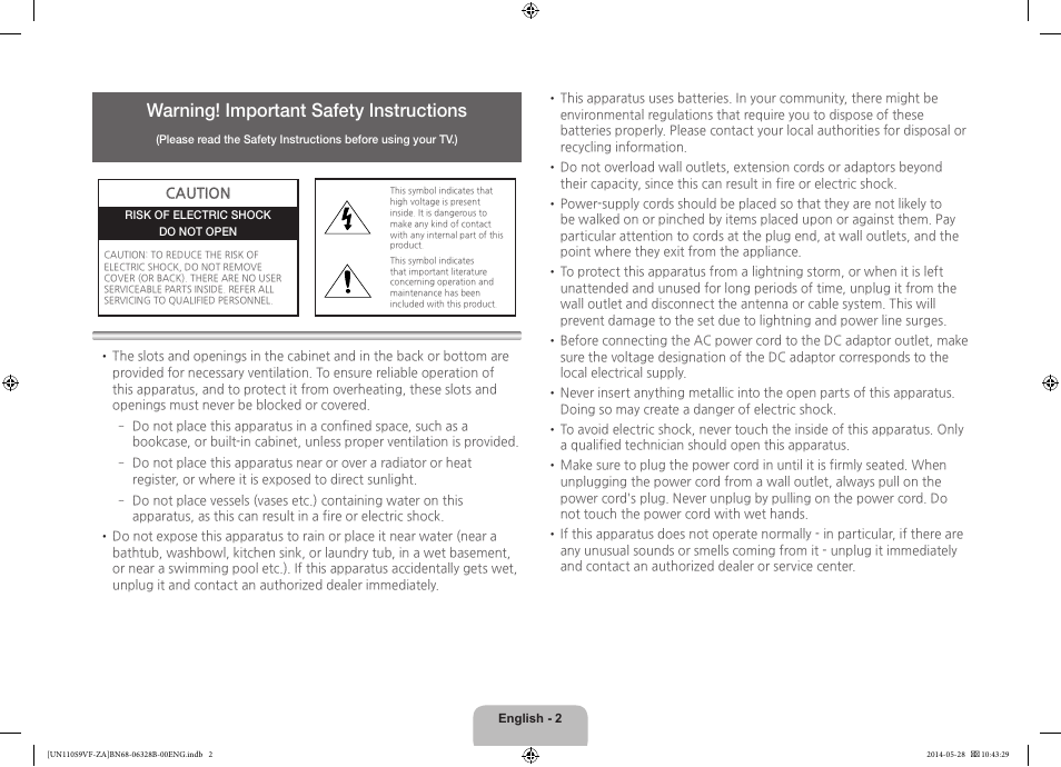 Warning! important safety instructions | Samsung UN110S9VFXZA User Manual | Page 2 / 41