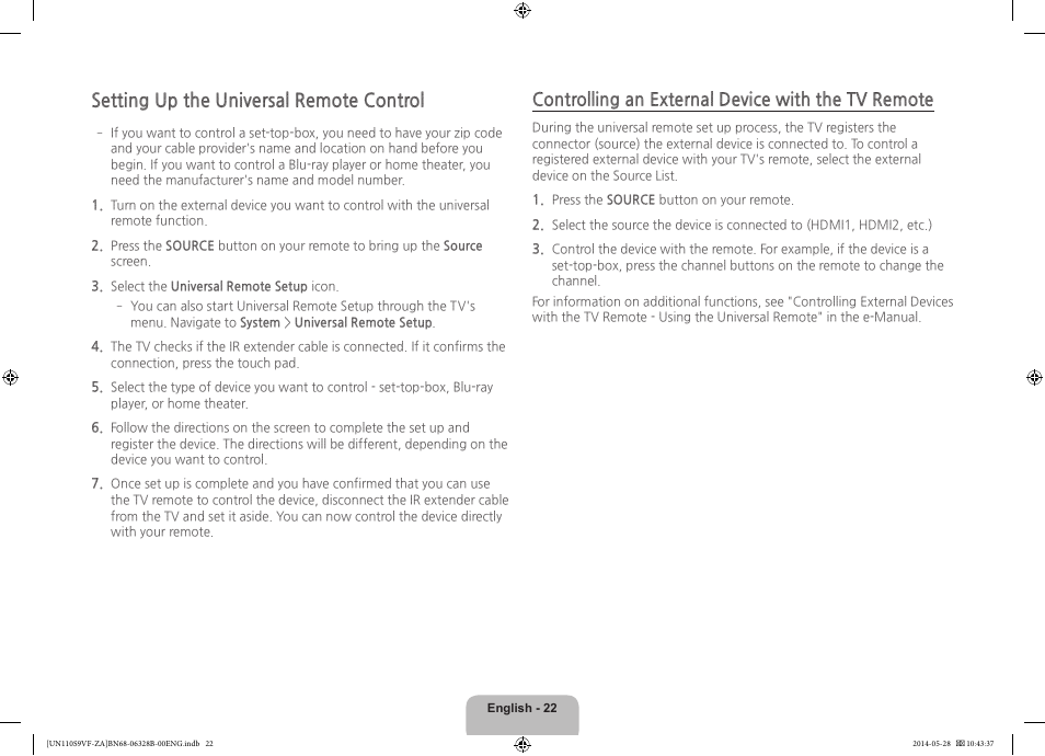 Setting up the universal remote control, Controlling an external device with the tv remote | Samsung UN110S9VFXZA User Manual | Page 22 / 41