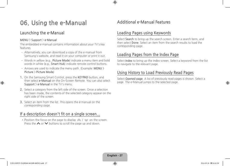 Using the e-manual, Launching the e-manual, If a description doesn't fit on a single screen | Loading pages from the index page, Using history to load previously read pages | Samsung UN110S9VFXZA User Manual | Page 27 / 41