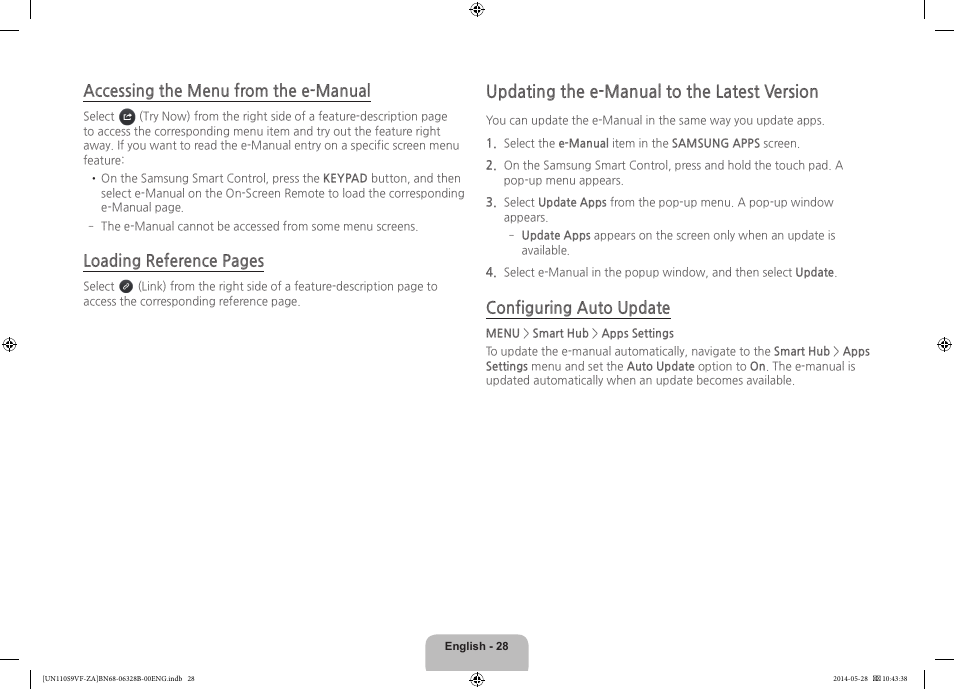 Accessing the menu from the e-manual, Loading reference pages, Updating the e-manual to the latest version | Configuring auto update | Samsung UN110S9VFXZA User Manual | Page 28 / 41
