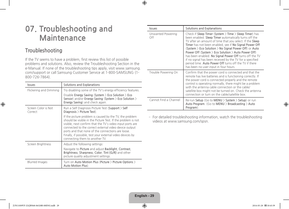 Troubleshooting and maintenance, Troubleshooting | Samsung UN110S9VFXZA User Manual | Page 29 / 41