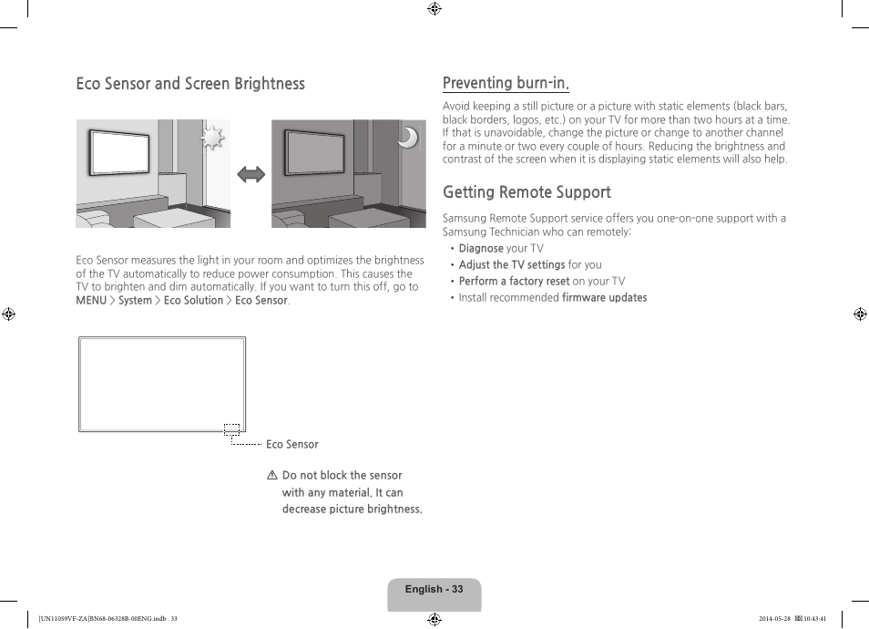 Eco sensor and screen brightness, Preventing burn-in, Getting remote support | Samsung UN110S9VFXZA User Manual | Page 33 / 41