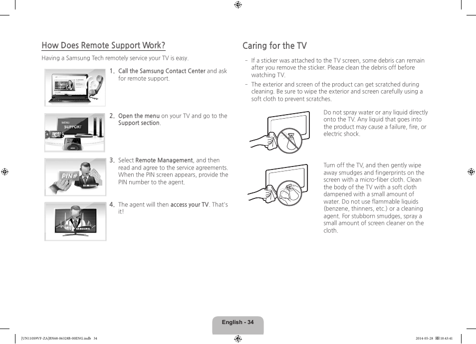 How does remote support work, Caring for the tv | Samsung UN110S9VFXZA User Manual | Page 34 / 41