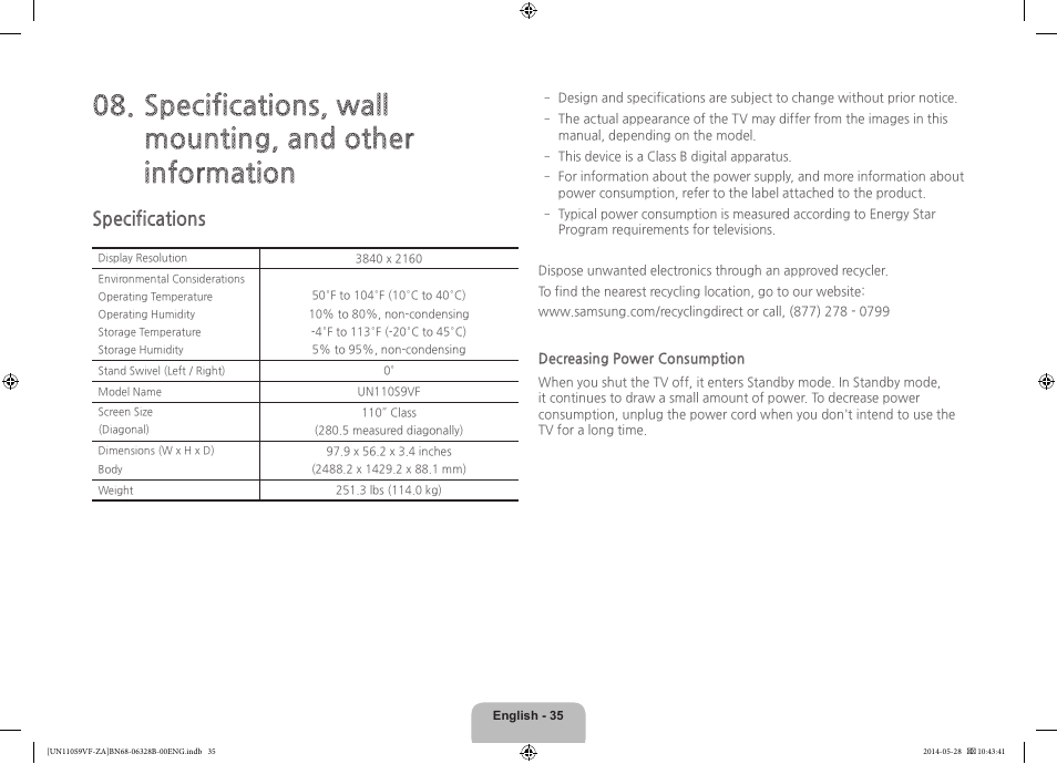 Specifications | Samsung UN110S9VFXZA User Manual | Page 35 / 41