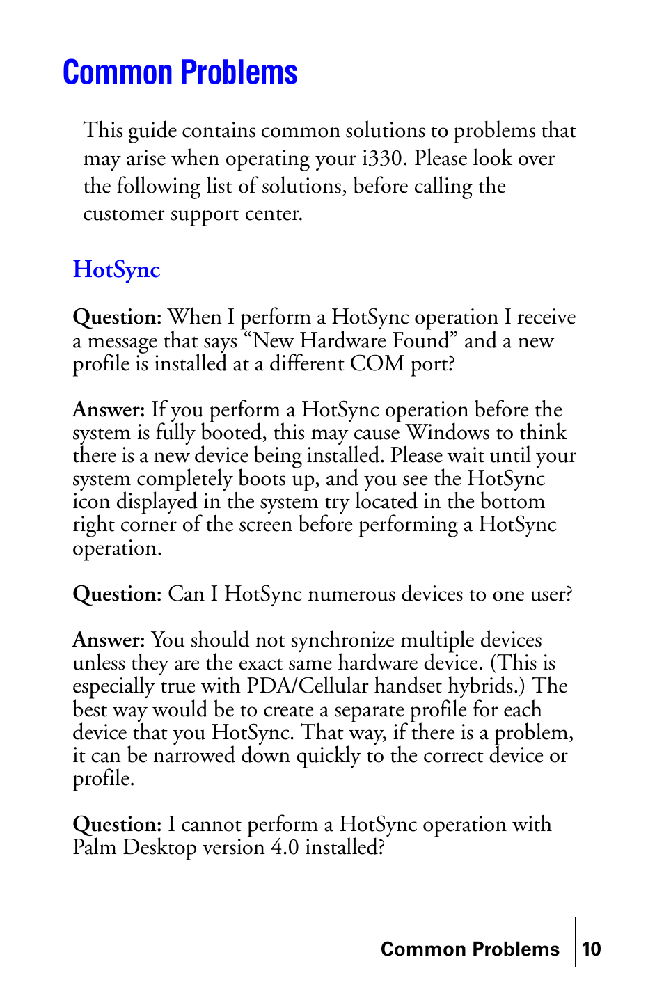 Common problems, Hotsync | Samsung SPH-I300SS-XAR User Manual | Page 10 / 22