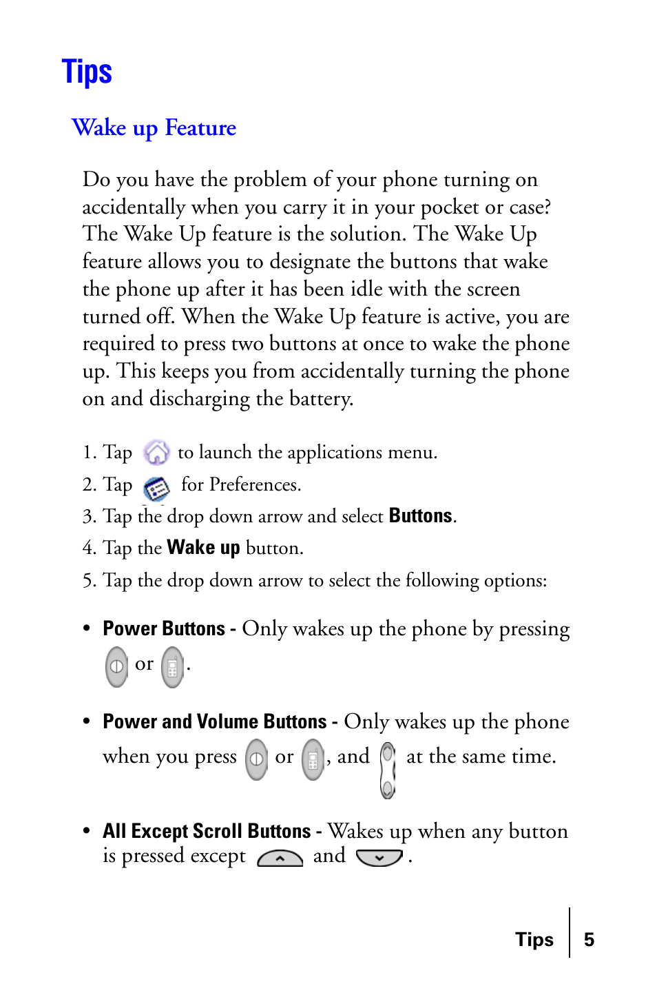 Tips, Wake up feature | Samsung SPH-I300SS-XAR User Manual | Page 5 / 22