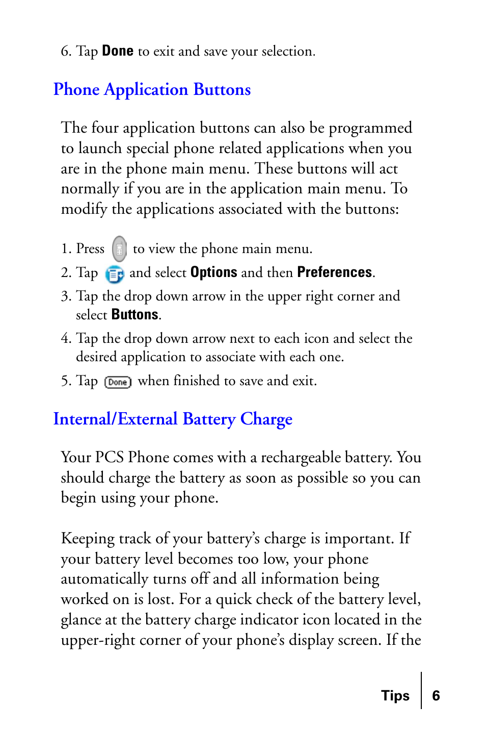 Phone application buttons, Internal/external battery charge | Samsung SPH-I300SS-XAR User Manual | Page 6 / 22