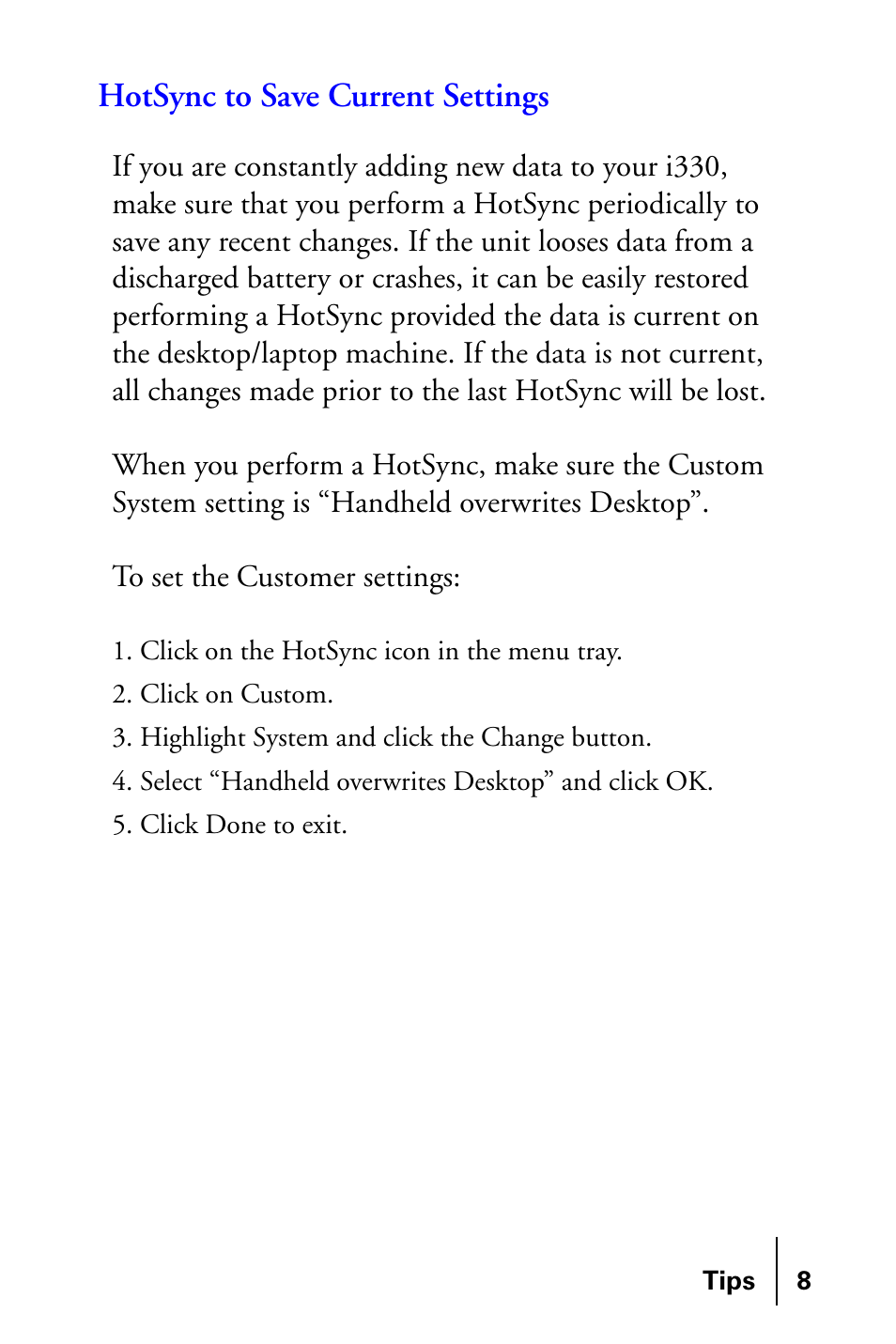 Hotsync to save current settings | Samsung SPH-I300SS-XAR User Manual | Page 8 / 22