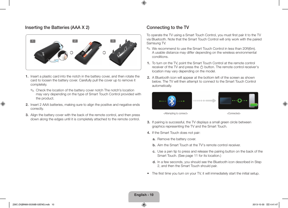 Inserting the batteries (aaa x 2), Connecting to the tv | Samsung KN55S9CAFXZA User Manual | Page 10 / 38