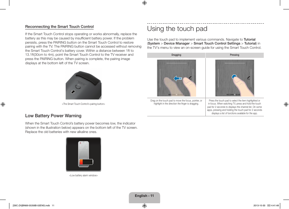 Using the touch pad, Low battery power warning | Samsung KN55S9CAFXZA User Manual | Page 11 / 38