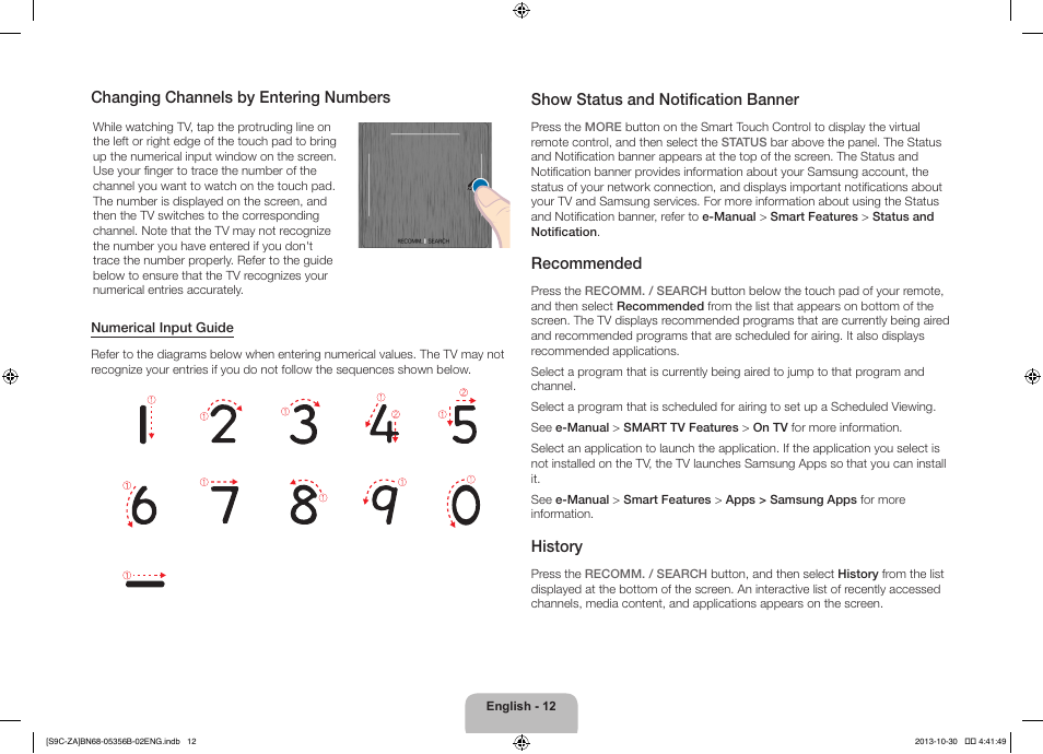 Changing channels by entering numbers, Show status and notification banner, Recommended | History | Samsung KN55S9CAFXZA User Manual | Page 12 / 38