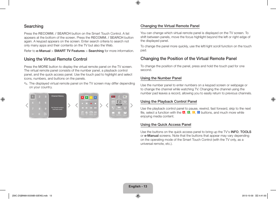 Searching, Using the virtual remote control, Changing the position of the virtual remote panel | Changing the virtual remote panel, Using the number panel, Using the playback control panel, Using the quick access panel | Samsung KN55S9CAFXZA User Manual | Page 13 / 38