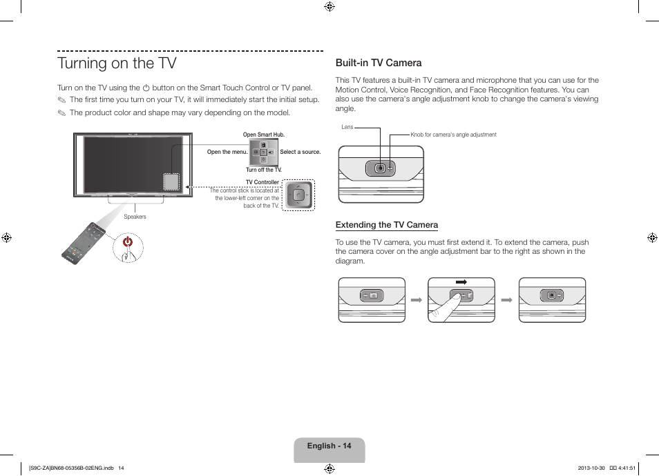 Turning on the tv, Built-in tv camera | Samsung KN55S9CAFXZA User Manual | Page 14 / 38