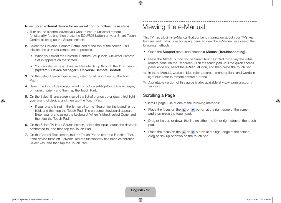 Viewing the e-manual, Scrolling a page | Samsung KN55S9CAFXZA User Manual | Page 17 / 38