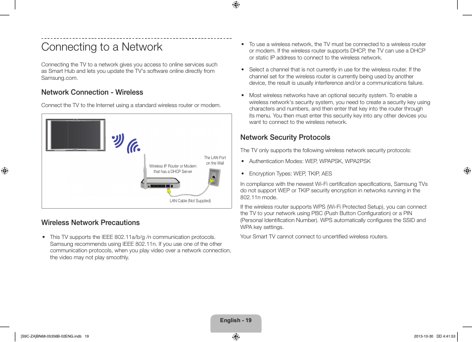 Connecting to a network, Network connection - wireless, Wireless network precautions | Network security protocols | Samsung KN55S9CAFXZA User Manual | Page 19 / 38