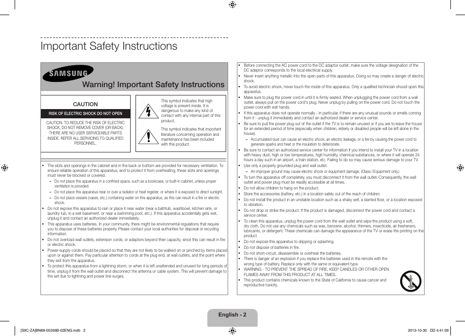 Important safety instructions, Warning! important safety instructions | Samsung KN55S9CAFXZA User Manual | Page 2 / 38