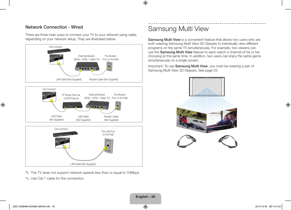 Samsung multi view, Network connection - wired | Samsung KN55S9CAFXZA User Manual | Page 20 / 38