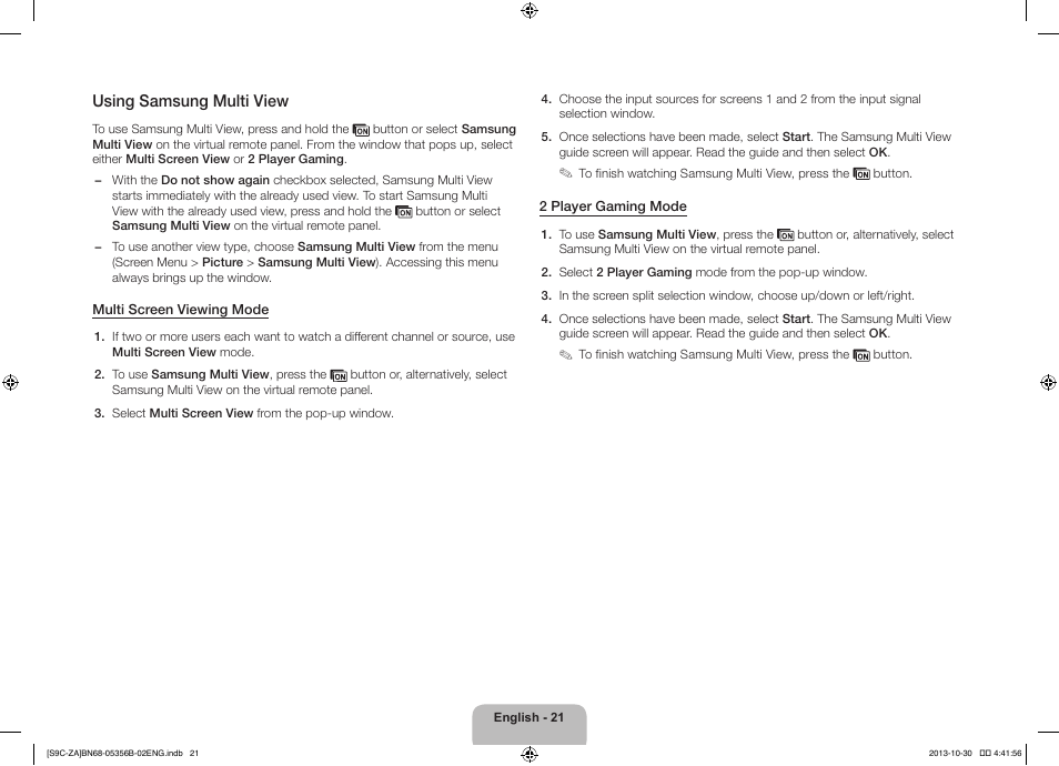 Using samsung multi view | Samsung KN55S9CAFXZA User Manual | Page 21 / 38