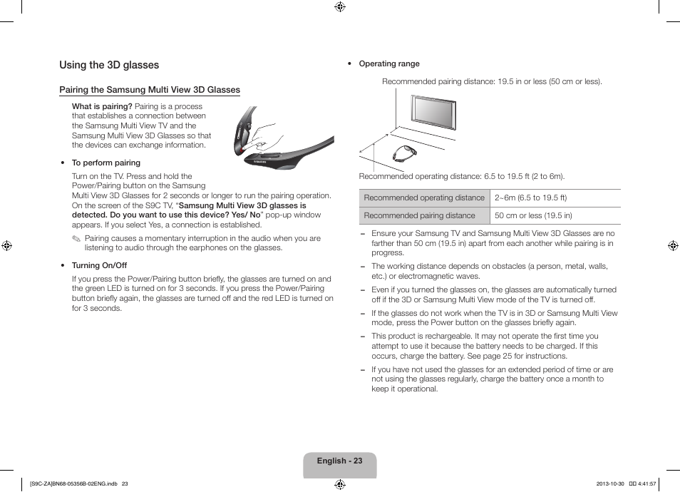 Using the 3d glasses | Samsung KN55S9CAFXZA User Manual | Page 23 / 38