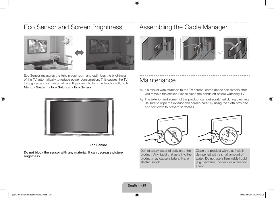 Eco sensor and screen brightness, Assembling the cable manager maintenance | Samsung KN55S9CAFXZA User Manual | Page 29 / 38