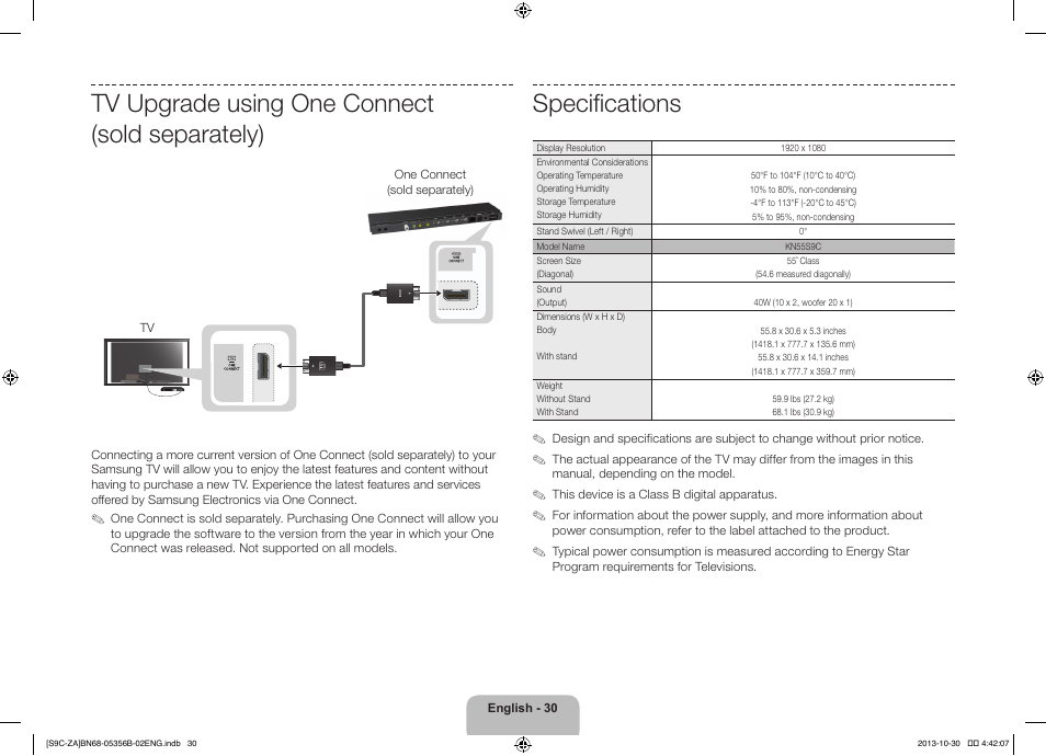 Specifications, Tv upgrade using one connect (sold separately) | Samsung KN55S9CAFXZA User Manual | Page 30 / 38