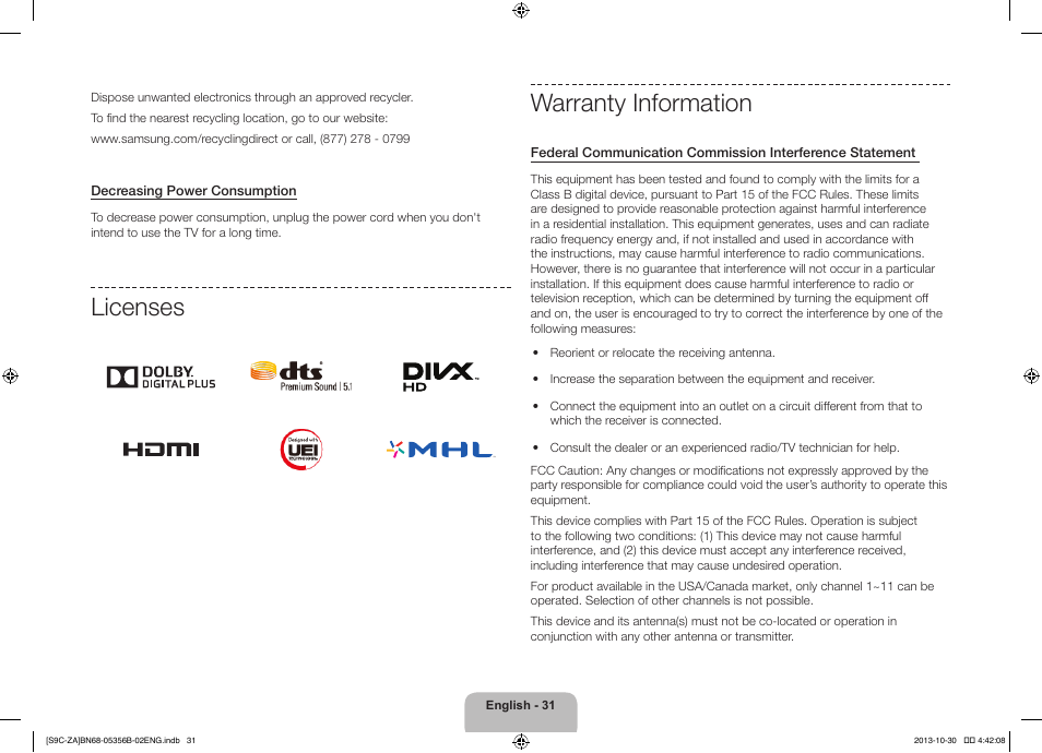 Licenses, Warranty information | Samsung KN55S9CAFXZA User Manual | Page 31 / 38