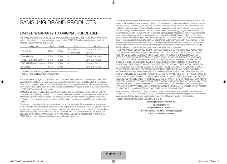 Samsung brand products, Limited warranty to original purchaser | Samsung KN55S9CAFXZA User Manual | Page 35 / 38