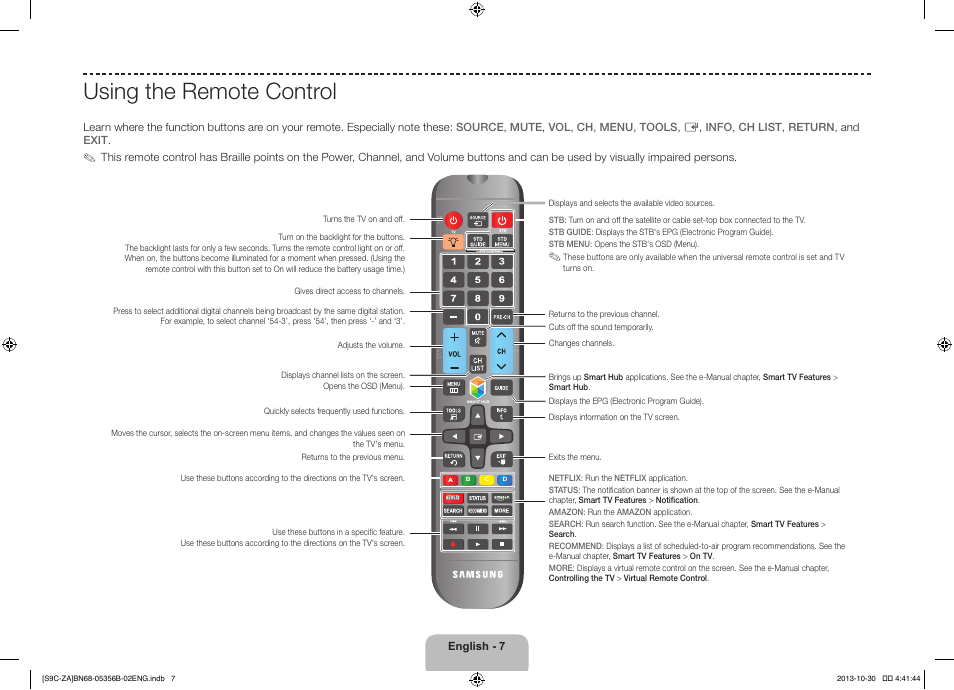 Using the remote control | Samsung KN55S9CAFXZA User Manual | Page 7 / 38