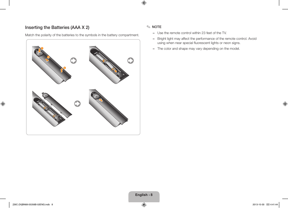 Inserting the batteries (aaa x 2) | Samsung KN55S9CAFXZA User Manual | Page 8 / 38