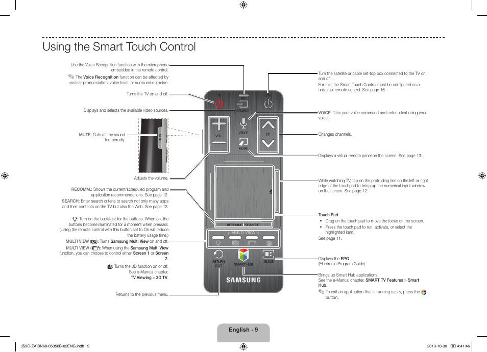 Using the smart touch control | Samsung KN55S9CAFXZA User Manual | Page 9 / 38