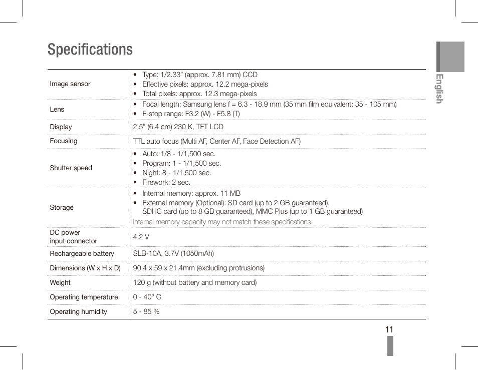 Specifications | Samsung EC-SL105ZBDBUS User Manual | Page 11 / 22