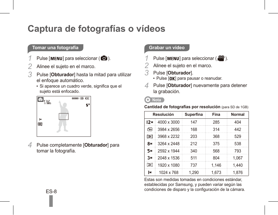 Captura de fotografías o vídeos | Samsung EC-SL105ZBDBUS User Manual | Page 18 / 22