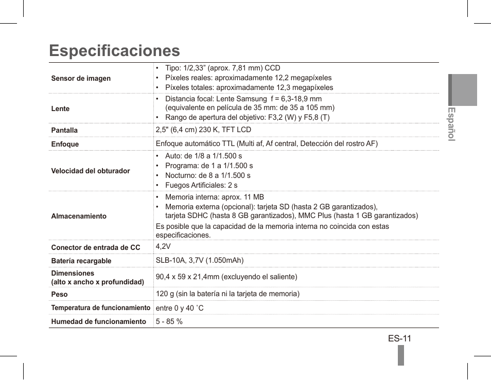 Especificaciones | Samsung EC-SL105ZBDBUS User Manual | Page 21 / 22