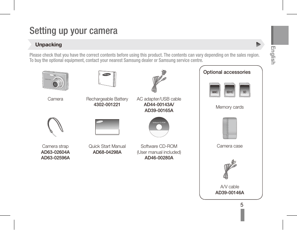 Setting up your camera | Samsung EC-SL105ZBDBUS User Manual | Page 5 / 22