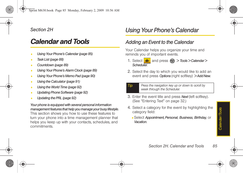 Calendar and tools, Using your phone’s calendar, Adding an event to the calendar | 2h. calendar and tools | Samsung SPH-M630ZKASPR User Manual | Page 101 / 223