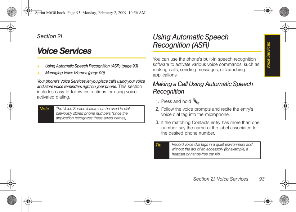 Voice services, Using automatic speech recognition (asr), Making a call using automatic speech recognition | Samsung SPH-M630ZKASPR User Manual | Page 109 / 223