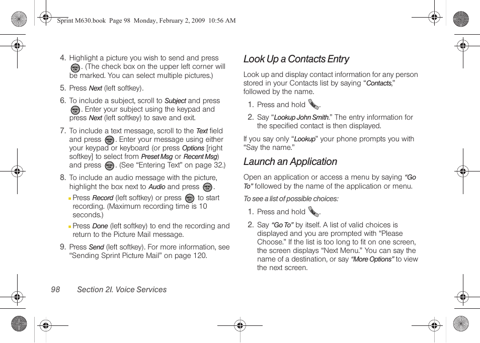 Look up a contacts entry, Launch an application | Samsung SPH-M630ZKASPR User Manual | Page 114 / 223