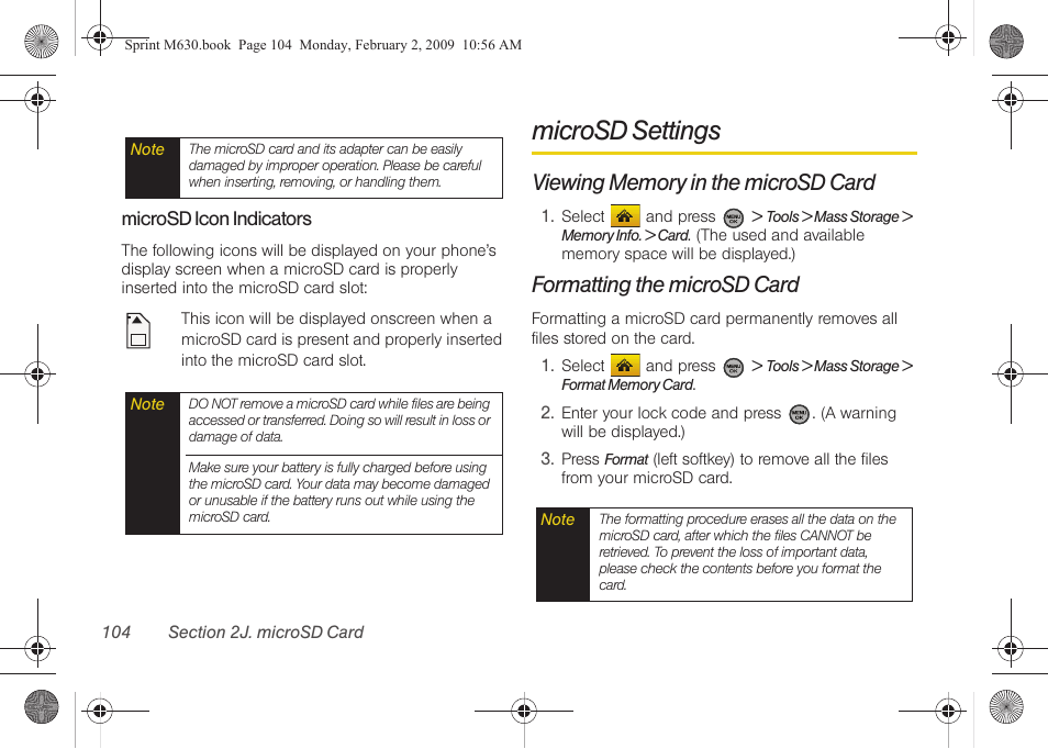 Microsd settings, Viewing memory in the microsd card, Formatting the microsd card | Samsung SPH-M630ZKASPR User Manual | Page 120 / 223