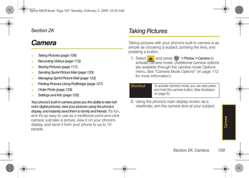 Camera, Taking pictures, 2k. camera | Samsung SPH-M630ZKASPR User Manual | Page 125 / 223