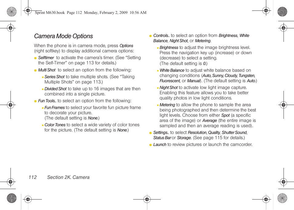 Camera mode options | Samsung SPH-M630ZKASPR User Manual | Page 128 / 223