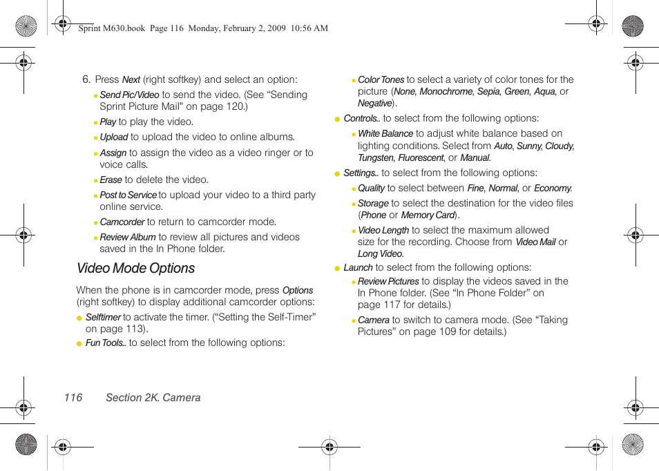 Video mode options | Samsung SPH-M630ZKASPR User Manual | Page 132 / 223