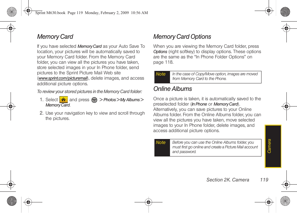 Memory card, Memory card options, Online albums | Samsung SPH-M630ZKASPR User Manual | Page 135 / 223