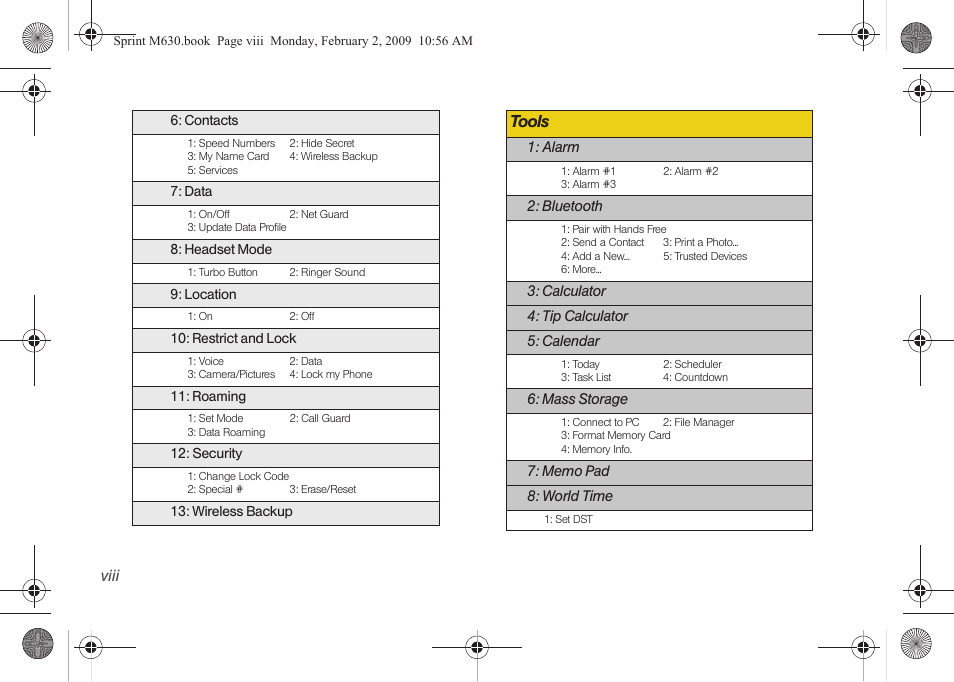 Tools, Viii | Samsung SPH-M630ZKASPR User Manual | Page 14 / 223