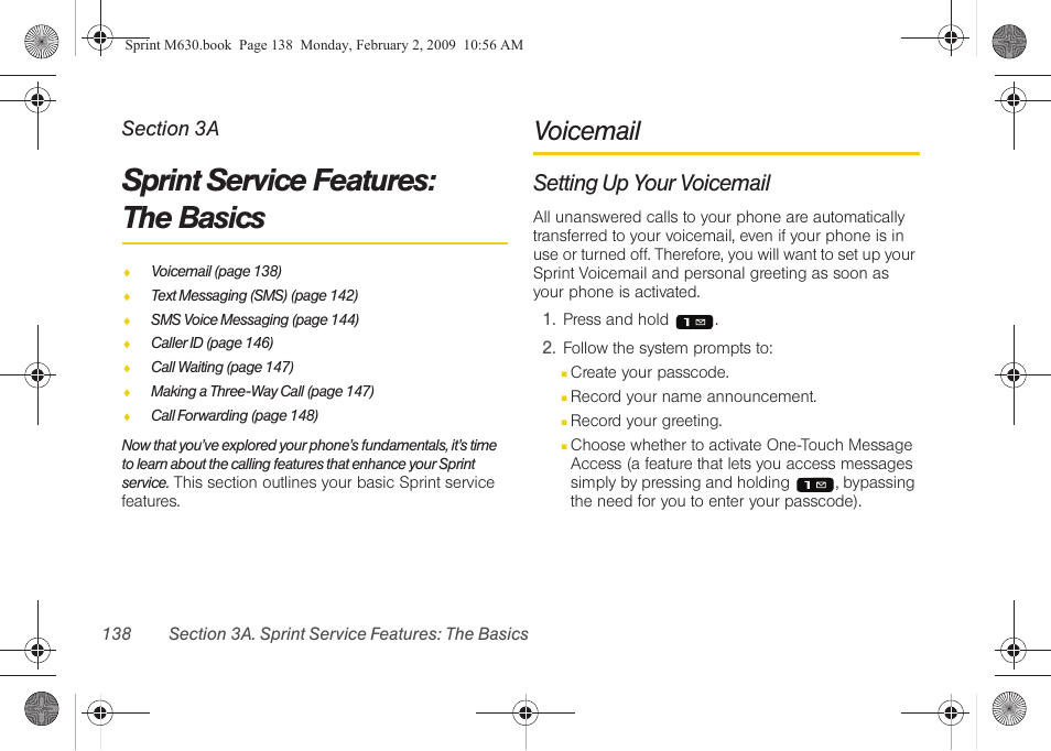 Sprint service features: the basics, Voicemail, Setting up your voicemail | 3a. sprint service features: the basics . 138, Sprint service features, The basics | Samsung SPH-M630ZKASPR User Manual | Page 154 / 223