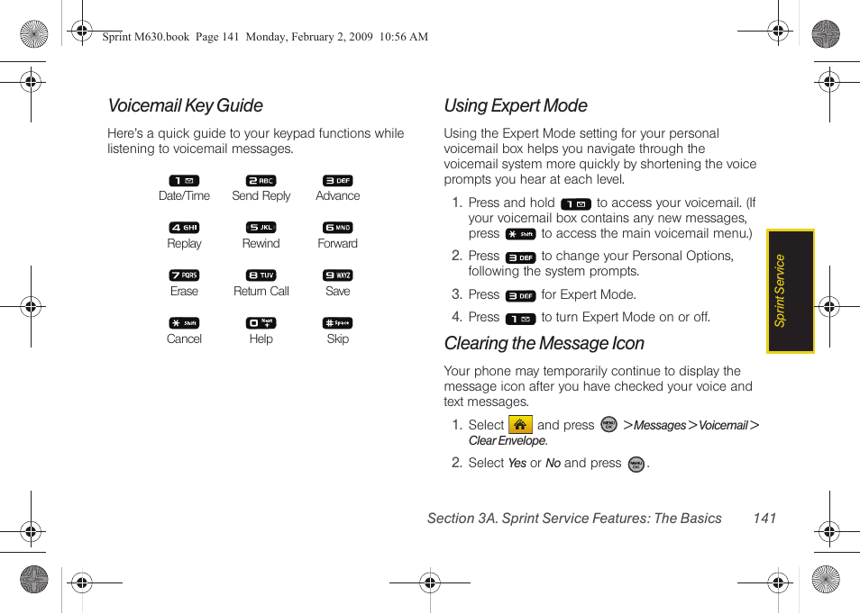 Voicemail key guide, Using expert mode, Clearing the message icon | Samsung SPH-M630ZKASPR User Manual | Page 157 / 223