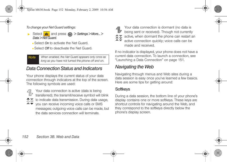 Data connection status and indicators, Navigating the web | Samsung SPH-M630ZKASPR User Manual | Page 168 / 223